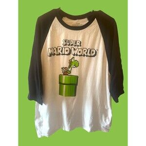 SUPER MARIO WORLD T-Shirt Nintendo Raglan 3/4” Sleeve Retro Yoshi Unisex Large